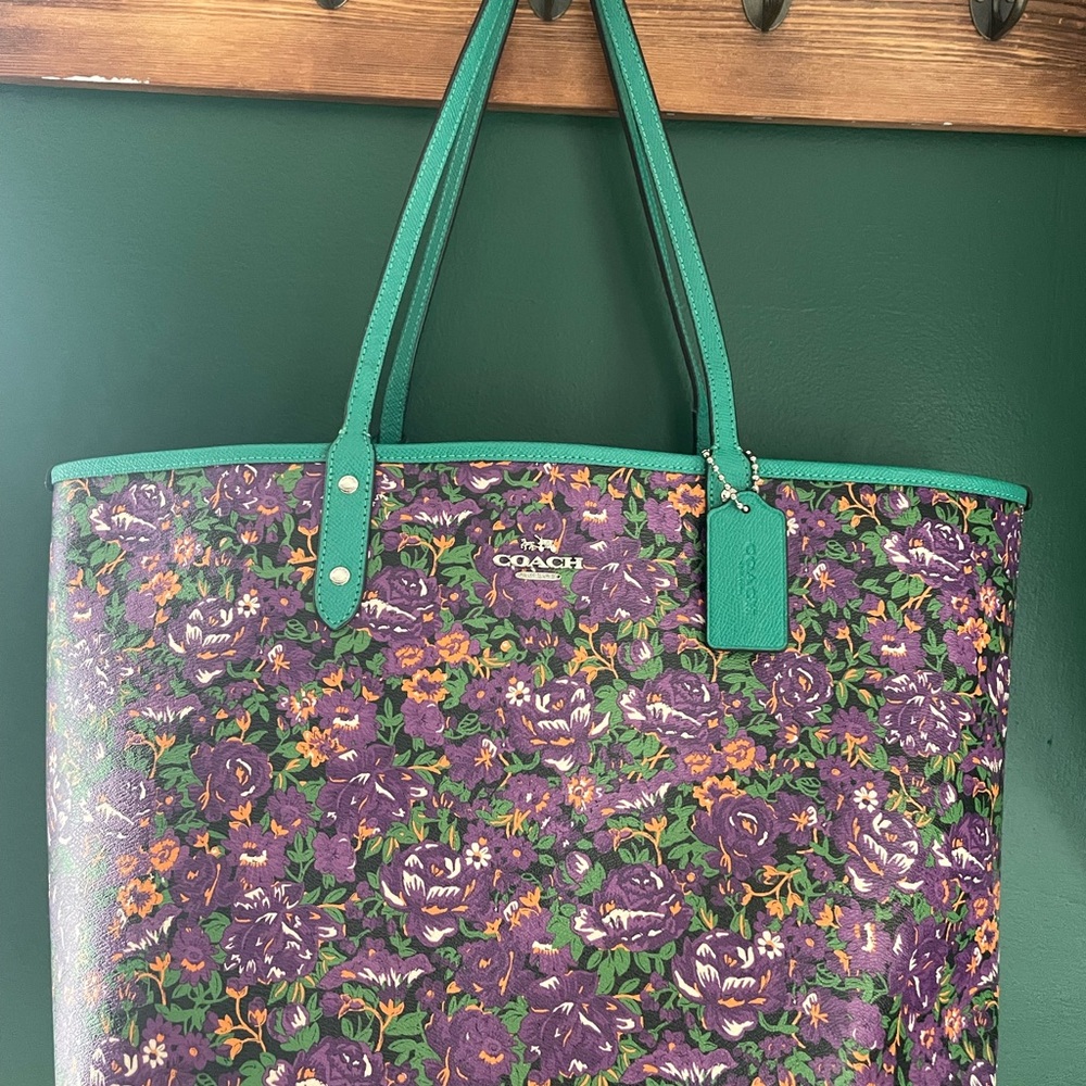 Coach Floral City Tote Bag - Green and Purple- reversible